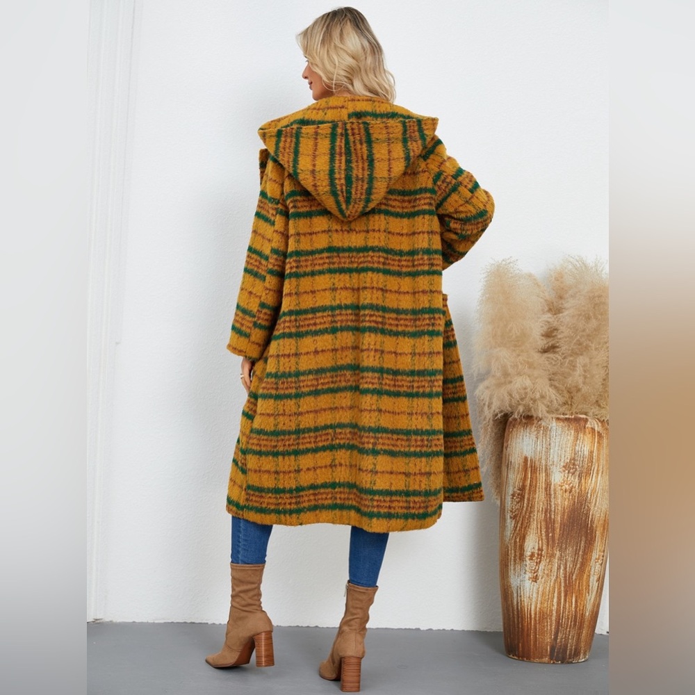 Plaid Long Sleeve Hooded Coat with Pockets